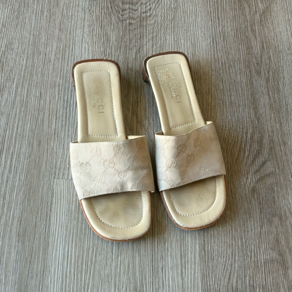 Gucci Beige Monogram Slide Sandals
